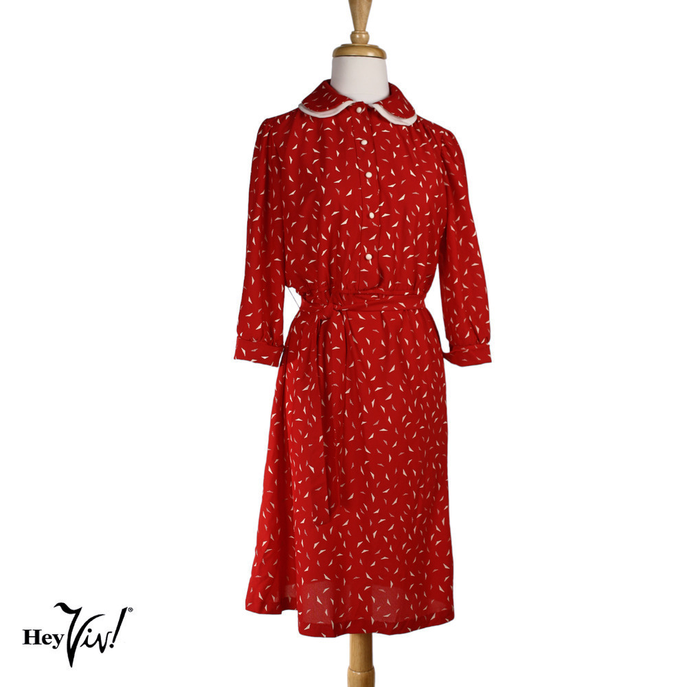 Vintage 70s Jen Jen Red & White Print Day Dress Peter Pan Collar Sz 10 - Hey Viv